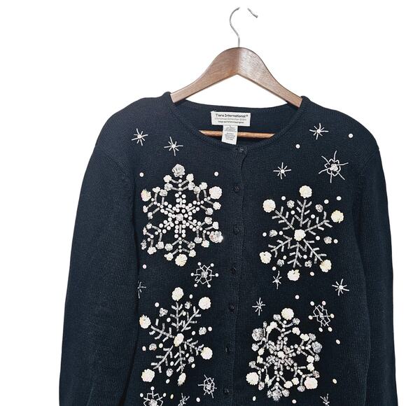 Tiara International Black Cardigan Pink Sequin Beads Snowflakes Size L Christmas - Picture 4 of 6